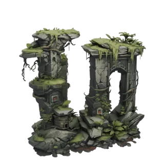 3D model of ancient stone archway ruins with moss and vines, featuring weathered stone textures and small glowing red orbs.