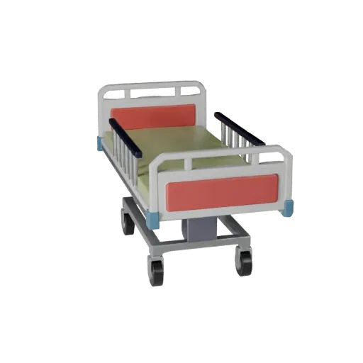 Emergency Hospital Bed Low Poly 3D model, game viewport three-quarter view, showing painted metal, clinical silhouette.