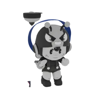 Modelo 3D de um personagem besouro retrô com capacete e acessório de pião, renderizado em tons de cinza.