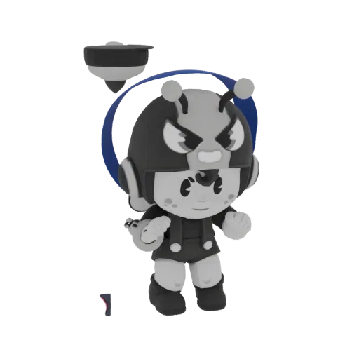 3D model of a retro bug character with a helmet and a spinning top accessory, rendered in grayscale.