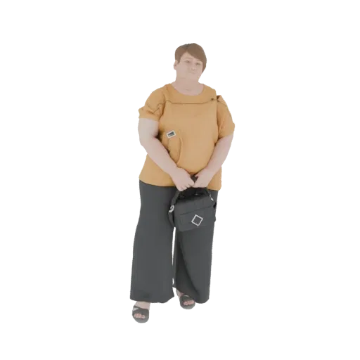 3D model of a woman with short brown hair, wearing an orange top and grey pants, holding a black handbag.