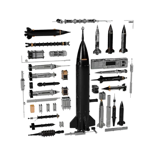 Modèle 3D de véhicule de lancement, vue studio trois-quarts, actif de véhicule prêt pour l'animation avec silhouette de missi