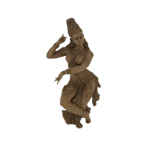 3D model of a traditional Indian dancer statue in a graceful, dynamic pose, with intricate details on attire and headdress.