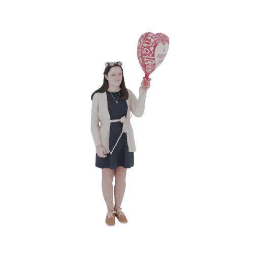 3D model of a young girl with dark hair, wearing a blue dress and cardigan, holding a red heart-shaped balloon.