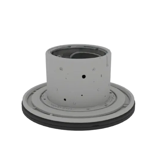 3D model of cylindrical housing with round base and many holes, front view