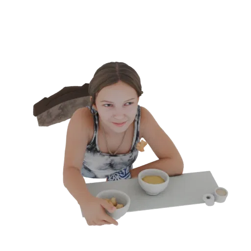 3D model of a young girl with brown hair, wearing a tie-dye top, eating cereal from a bowl with a spoon.