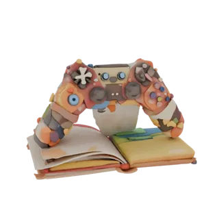 Modèle 3D d'un livre ouvert avec une manette de jeu style pâte à modeler sur fond blanc