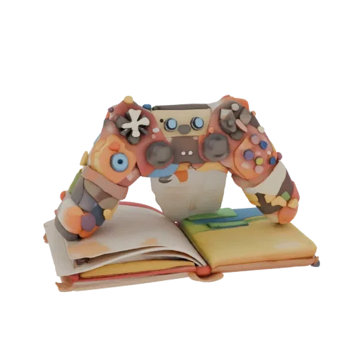 3D model of an open book with a game controller in claymation style on a white background