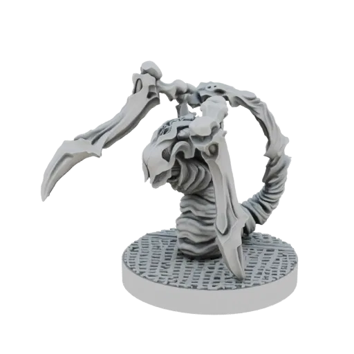 3D render of a grey, unpainted miniature of a Xenomorphic Abomination with sharp claws and a segmented body, standing on a te