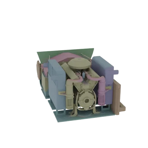 3D model of a V-engine assembly with radiator and fan, showcasing detailed mechanical parts in distinct colors.