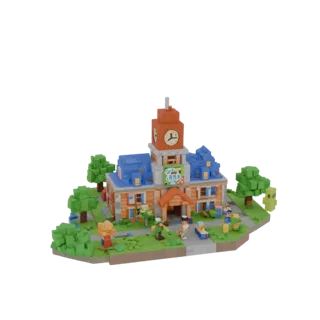 Modello 3D municipio stile Roblox 'Grow a Garden' con torre dell'orologio, circondato da alberi e personaggi in miniatura.