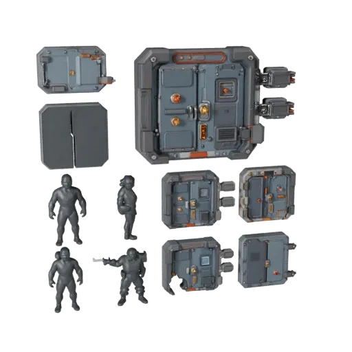 Sci Fi Locked Door Panel Stylized 3D model, stylized isometric render, showing metal hinges, form detail.