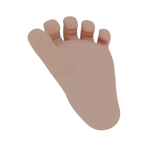 Realistic 3D model of a newborn baby's foot with defined sole lines, on a black background.