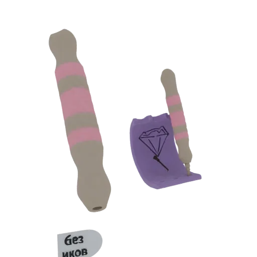 Modelo 3D de un rodillo de cocina rosa y beige rayado y un icono de paracaídas morado, presentado sobre un fondo blanco.