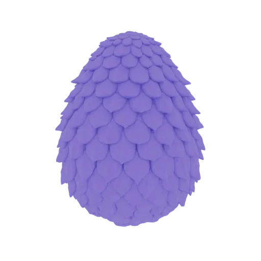 Uma renderização 3D de um ovo de dragão roxo coberto por escamas detalhadas, sobre um fundo branco.