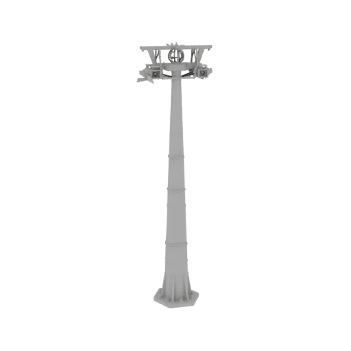 3D model of a tall, grey lighting tower with a wide base and a complex head unit, isolated on a white background.