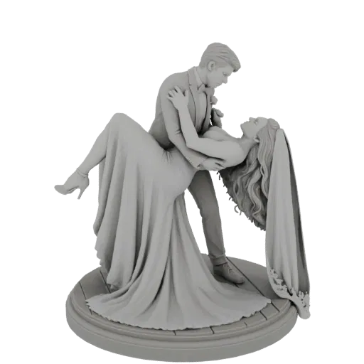 3D model of a bride and groom in a romantic dance dip pose, groom holding bride, bride in flowing gown and veil, on a circula