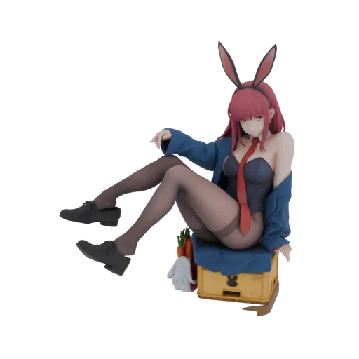 3D model of Makima in a bunny girl outfit, sitting on a crate with carrots and a rabbit figure.