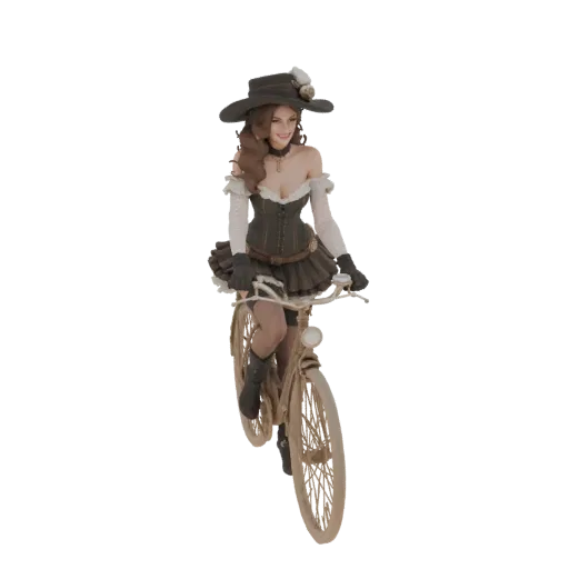 3D model of a steampunk woman with a hat and corset riding a vintage bicycle.