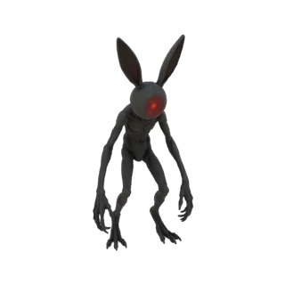 A 3D render of a dark, gaunt creature with large rabbit ears and a single glowing red eye, standing on a white background.