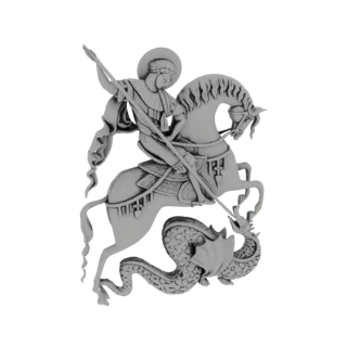 3D model render of St. George on horseback spearing a dragon, depicted in a bas-relief style against a white background.