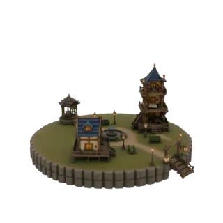 Modello 3D di un villaggio fantasy su un'isola con una torre alta, una casa, un gazebo e una fontana su un'isola circolare.