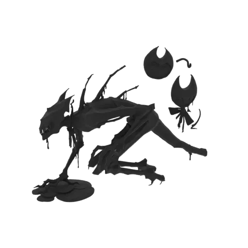 3D model of a dark, ink-dripping Ink Demon creature in a crouching pose, with two stylized Bendy character icons nearby.
