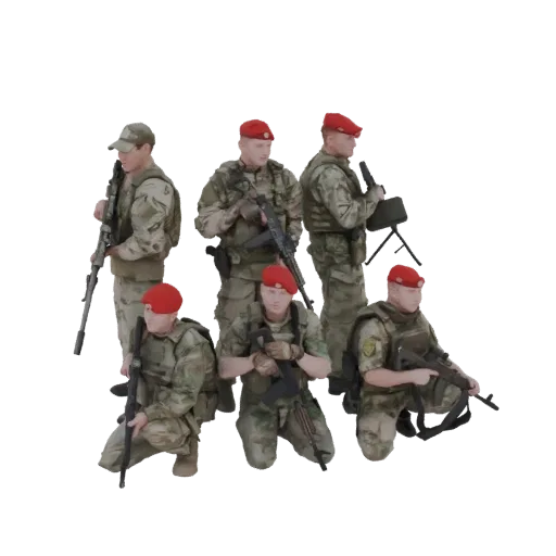 3D render of six modern military soldiers in camouflage uniforms, holding rifles and a machine gun, posed in a tactical formation.