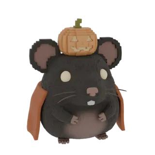 A 3D render of a pixelated black rat wearing a carved pumpkin hat and an orange cape, against a white background.