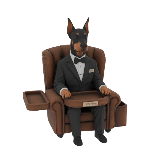 3D model of a Doberman dog wearing a tuxedo and sitting in a brown leather armchair with a side tray.