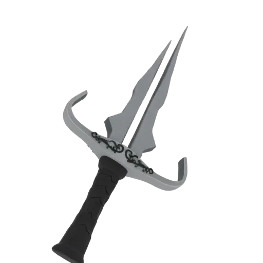 3D model of an ornate dagger with a curved, patterned guard and a textured black grip, viewed from a slight angle.