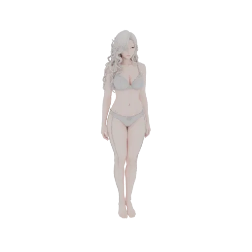3D model of an elegant female figure wearing a light grey lingerie set, with long wavy hair, standing and looking down.
