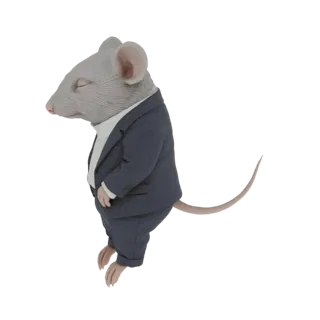 3D model of a gray mouse wearing a dark blue business suit and white shirt, with its eyes closed.