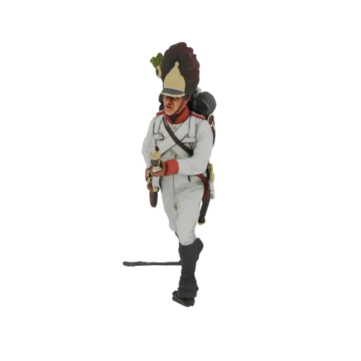3D model of a French Imperial Guard Grenadier in uniform, holding a musket, with a tall bearskin hat and backpack.