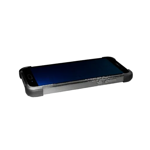 Rugged Smartphone 3D model, three-quarter front view, Unity viewport, showing glass screens, thin device proportions.