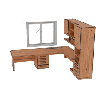 Modelo 3D de uma mesa executiva em L de madeira com armário superior e janela, renderizado sobre fundo branco.