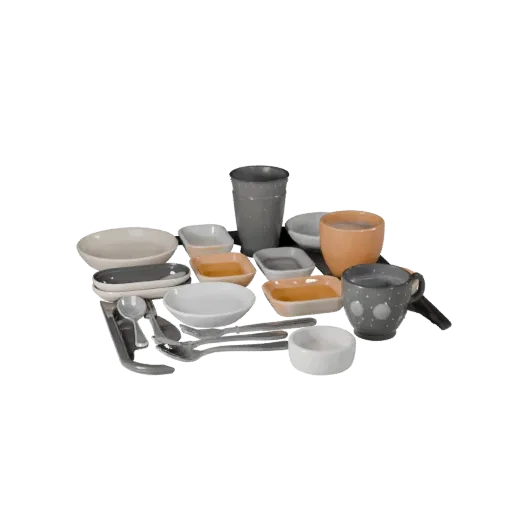 Breakfast Style Tray High Poly 3D model, close-up studio render, showing ceramic, arranged serving layout.