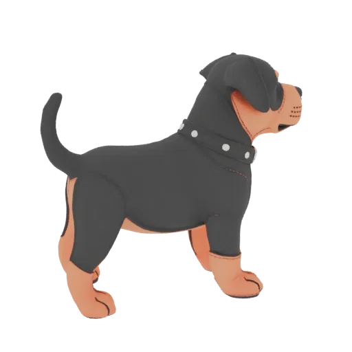 A stylized 3D model of a Rottweiler dog standing in profile, with black fur, tan legs, and a studded collar against a black b