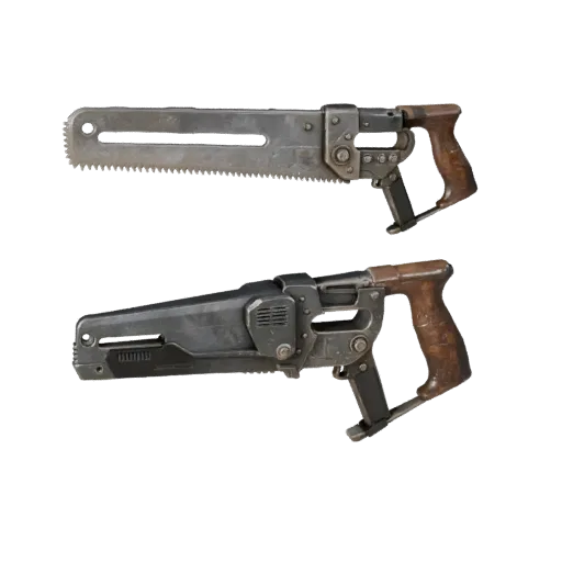 Vintage Saw 3D model, three-quarter front view, Unreal Engine viewport, showing painted metal, functional silhouettes.