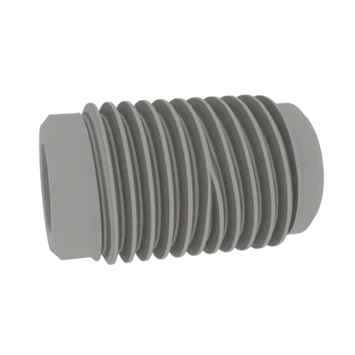 Ein 3D-Rendering eines grauen, zylindrischen Gewindefittings-Verbinders mit sichtbarem Außengewinde.