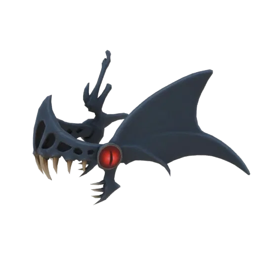 Modello 3D di una testa di drago oscuro con denti aguzzi, ali simili a quelle di un pipistrello e un occhio rosso brillante,
