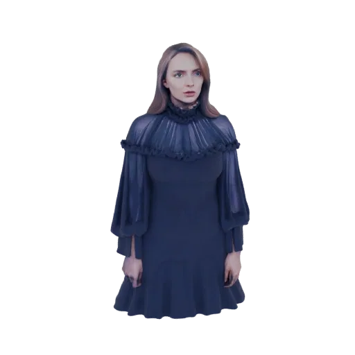 3D model of a woman wearing a dark, ruffled gothic dress with dramatic puffed sleeves, posed looking forward.