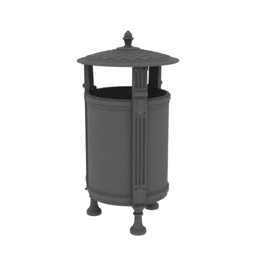 3D model of a gray, ornate outdoor trash can with decorative columns and a tiered, shingled roof, standing on four legs.