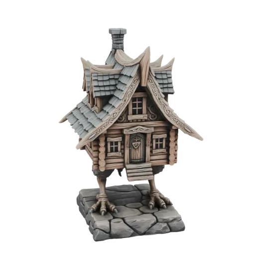 3D model of Baba Yaga's hut on chicken legs, featuring log construction, a shingled roof, and a stone base.