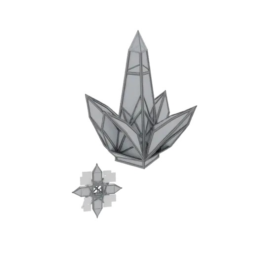 A 3D render of a geometric crystal cluster with a metallic frame, set against a black background. A smaller crystal is visibl