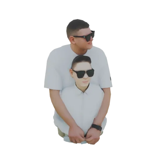 Modèle 3D de deux personnages stylisés, l'un étreignant l'autre par derrière, tous deux portant des lunettes de soleil.