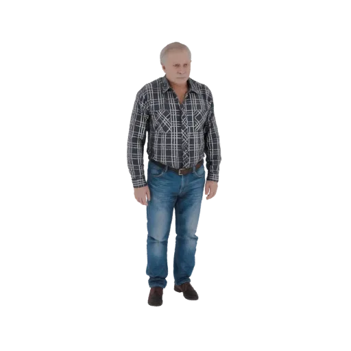 3D model of an elderly man with grey hair, wearing a plaid shirt and blue jeans, standing with his hands at his sides.