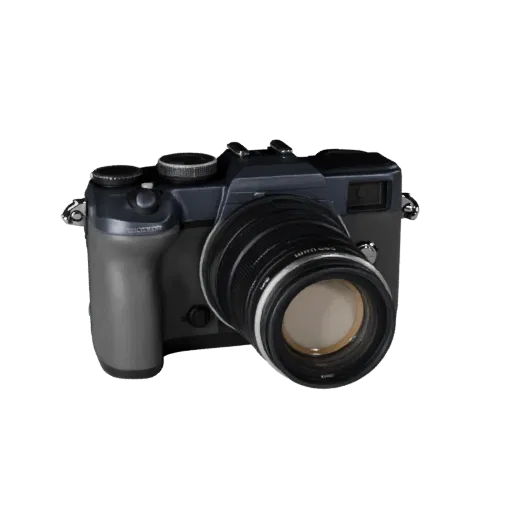 Cinema Drone Camera 3D model, three-quarter front view, Unity viewport, showing textured grips, lens barrels.