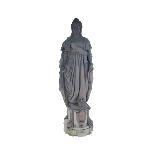 3D model of a Victorian Queen statue wearing a crown and royal regalia, standing on an ornate pedestal.