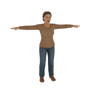 3D model of a woman in a brown long-sleeved shirt and blue jeans, standing with arms outstretched and mouth open.